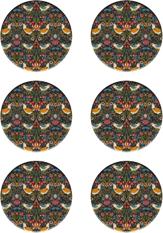 Coasters Set of 6 Strawberry Thief Pattern Ceramic Drink Coaster with Cork Base Modern Style Coasters for Mugs and Cups Office Kitchen 4 in