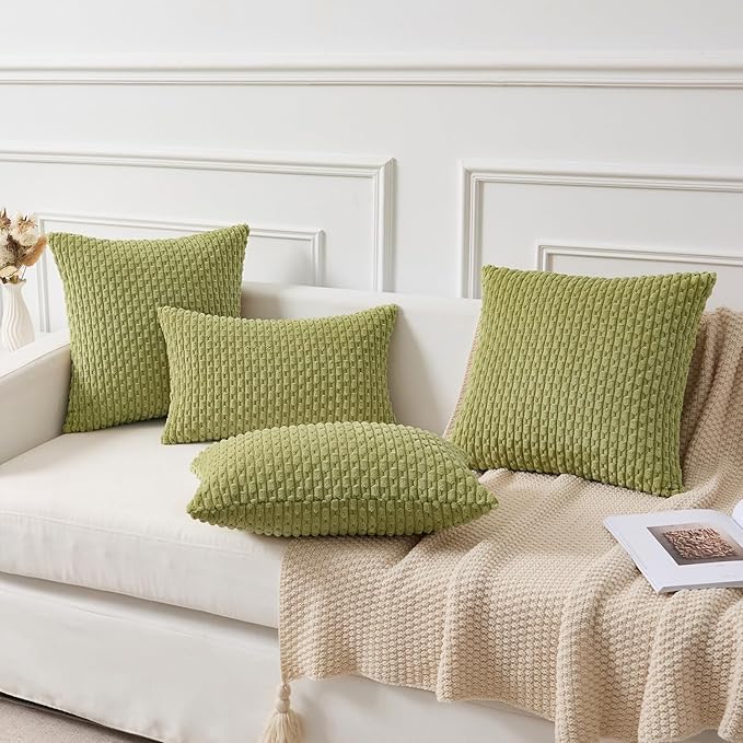 Kevin Textile Spring Decorative Pillow Covers Set of 2 Striped Plush Corduroy Rectangle Lumbars Boho Home Decor Cushion Covers for Couch Sofa Bed Living Room 12x20 Inch, Grass Green