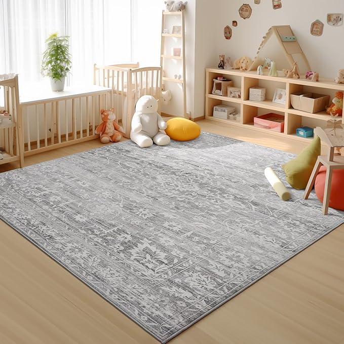 8x10 Area Rugs for Living Room, Stain Resistant Washable Rugs for Dining Room, Kitchen, Floral Vintage Non-Slip Thin Gray Large Area Rug(Grey, 8'x10')