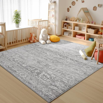 8x10 Area Rugs for Living Room, Stain Resistant Washable Rugs for Dining Room, Kitchen, Floral Vintage Non-Slip Thin Gray Large Area Rug(Grey, 8'x10')