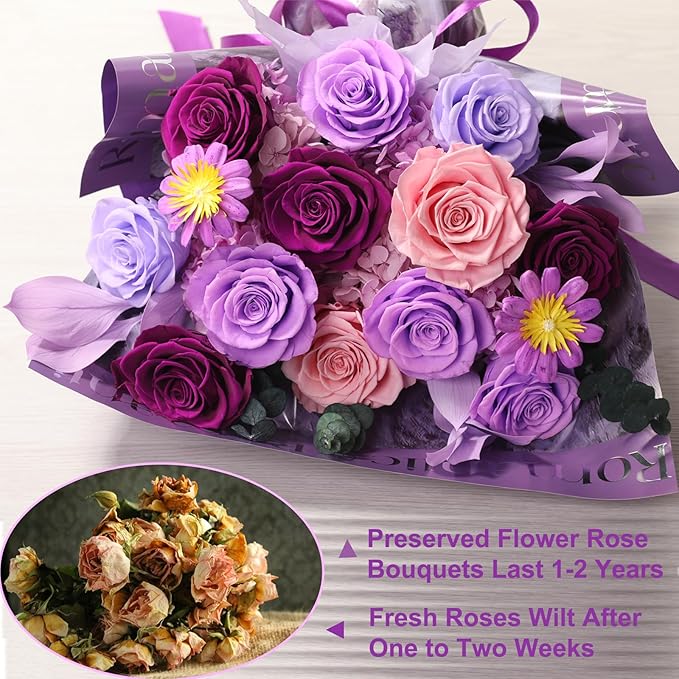 Lovenfold Flowers for Delivery Birthday Flowers Gift for Her,Preserved Flowers Bouquet 12 Roses Mixed Bouquet,Rose Gifts for Women Mom Grandma(Mixed 12 Lilac Roses)