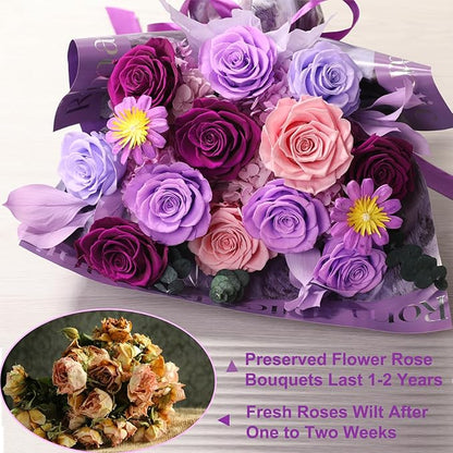 Lovenfold Flowers for Delivery Birthday Flowers Gift for Her,Preserved Flowers Bouquet 12 Roses Mixed Bouquet,Rose Gifts for Women Mom Grandma(Mixed 12 Lilac Roses)