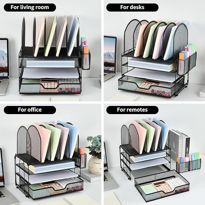 Desk Organizers and Accessories with Drawer, File Organizer with 5 Vertical File Holders and Pen Holders, Office Desk Accessories Workspace Desktop Organizers for Office Supplies (Black)