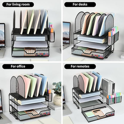 Desk Organizers and Accessories with Drawer, File Organizer with 5 Vertical File Holders and Pen Holders, Office Desk Accessories Workspace Desktop Organizers for Office Supplies (Black)