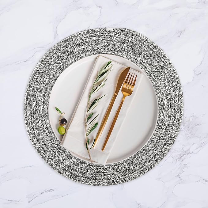 8 Pack Round Woven Placemats 13.5 Inches Heat Resistant Placemats Farmhouse Cotton Rope Braided Place Mats for Dining Tables Trivets for Hot Dishes, Light Grey