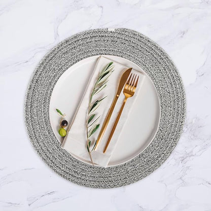 8 Pack Round Woven Placemats 13.5 Inches Heat Resistant Placemats Farmhouse Cotton Rope Braided Place Mats for Dining Tables Trivets for Hot Dishes, Light Grey