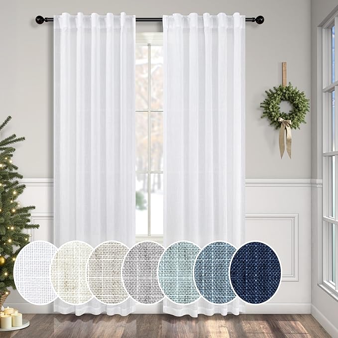 Pitalk White Semi Sheer Curtains 36 Inch Wide for Living Room 2 Panels Set Back Tab Drapes Light Filtering Rod Pocket White Linen Curtains for Bedroom 36 x 84 Inch Length