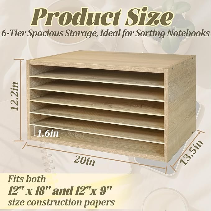 PROLEE Construction Paper Organizer 20" x 13.5" x12.2",Soild Wooden Paper Organizer with 6-Tier Letter Trays, Desktop File Papers Sorter for Home, Classroom and Office (White Oak)
