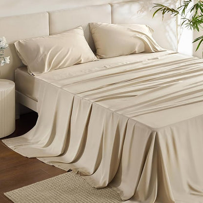 Bedsure California King Sheet Sets, Cooling Sheets for Hot Sleepers, Rayon Derived from Bamboo, Deep Pocket Up to 16 Inches, Breathable & Soft, Hotel Luxury Silky Bedding, Beige