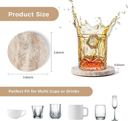 WORHE Marble Coaster for Drinks 4" Diameter Set of 4 Round Travertine Coasters for Home Decor Office Parties Birthday Housewarming Gift, Protect Countertops from Dirty,Sturdy and Tough Gray (WH056)