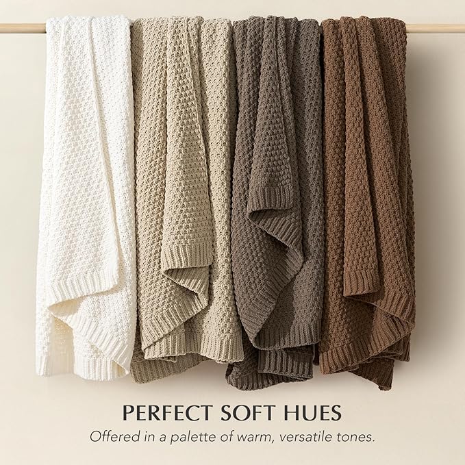 EVERGRACEHOME Chunky Chenille Knit Throw Blanket for Couch, Soft Luxurious Moss Stitch Blankets for Bed, Cozy Decorative Farmhouse Knitted Throws for Sofa, Sand Dune, 50" x 60"