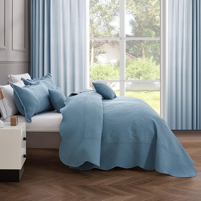 HZ & HY Oversized King Bedspread 128x120 Extra Wide, Ultrasonic Coverlet Bedding Set, Lightweight Thin Comforter, Reversible, 5 Piece, 100% Microfiber, Ashley Blue