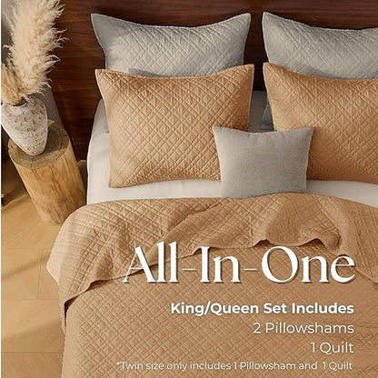 Queen Quilt Set with Shams Lightweight Quilted Bedspread Coverlet Thin Comforter Bed Cover Vintage Washed Quilted Blanket for All Season, Brushed Microfiber Diamond Stitching, Brown, 88"x92"