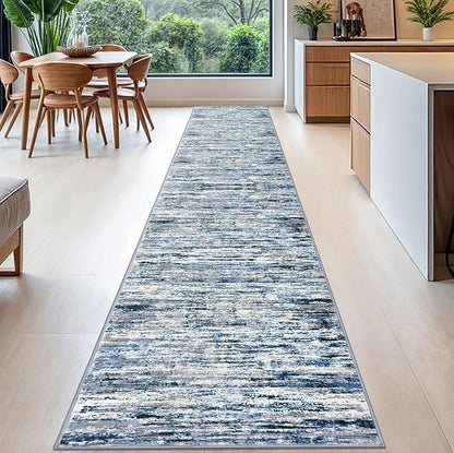 Modern Abstract Runner Rug 2.6x16, Grey Blue White Washable Long Kitchen Runner Non-Slip Soft Hallway Rug Runner Thin Print Faux Wool Carpet for Entryway Bedroom Laundry Room Indoor Home Decor