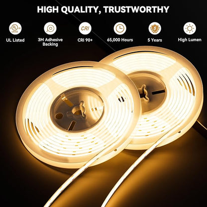 PAUTIX COB LED Strip Lights 48ft/15m Super Bright,504 LEDs/m Warm White 2700K CRI90+ Flexible LED Tape,DC24V for Cabinet Home DIY Lighting Projects with 2pcs COB Connector(Power Supply Not Included)