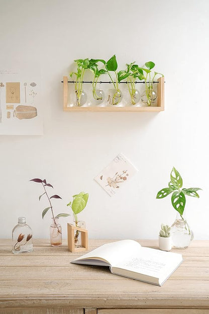 Mkono Plant Terrarium with Wooden Stand, Wall Hanging Glass Planter Desktop Plant Propagation Vase with Metal Swivel Retro Rack for Hydroponics Plants Home Office Decor (5 Bulb Vase)