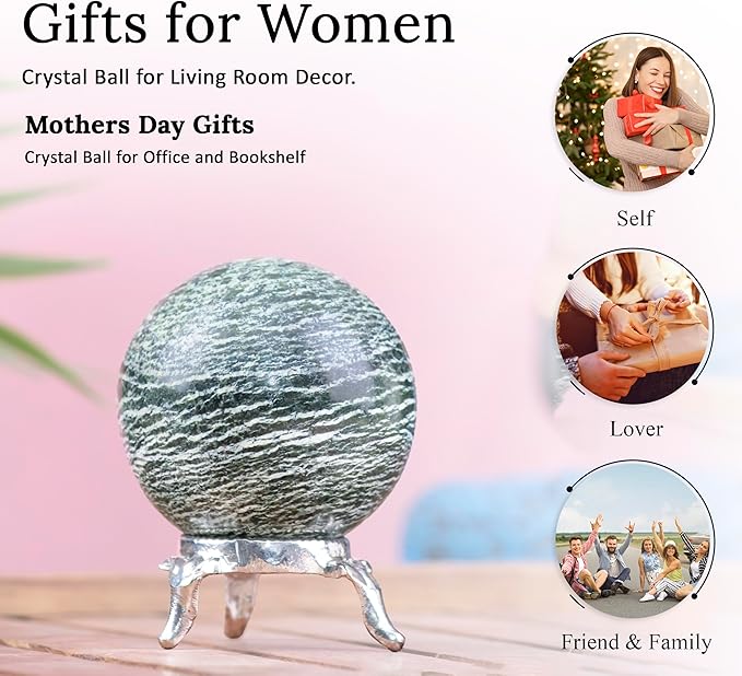 Crocon 45mm Swiss Opal Stone Sphere Ball with Metal Stand 1400+ Carats Gemstone Ball Healing Sphere Sculpture Figurine for Fengshui Divination Home Decoration Photography Crystal Sphere