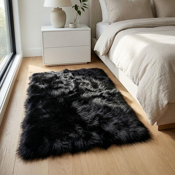 Super Area Rugs Ultra Soft & Fluffy Faux Sheepskin Rug, Black 2 x 3 Feet Carpet for Bedroom Living Room