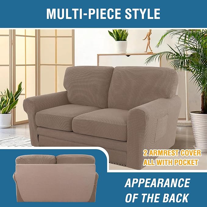 H.VERSAILTEX Multi-Pieces Sofa Covers Stretch Couch Covers Form Fitted Seats and Back Cushions Covers (2 Seat Covers Plus 2 Back Cusion Covers, Bonus 2 Armrest Covers), Macchiato
