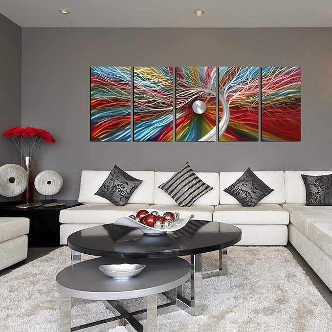 Metal Wall Art with Colorful Fantastic Tree Design, Abstract Modern and Contemporary Décor, Handcrafted Metal Wall Sculpture, Unique Aluminum Artwork, Indoor and Outdoor decoration, 5 panels 64"x24"