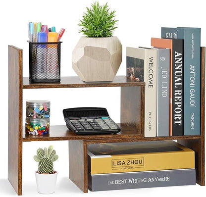 Sorfity Expandable Wood Desktop Bookshelf Desktop Organizer Office Storage Rack Wood Display Shelf, Counter Storage Rack Top Bookcase - Freestyle Display Natural Stand Office Supplies Desk Organizer