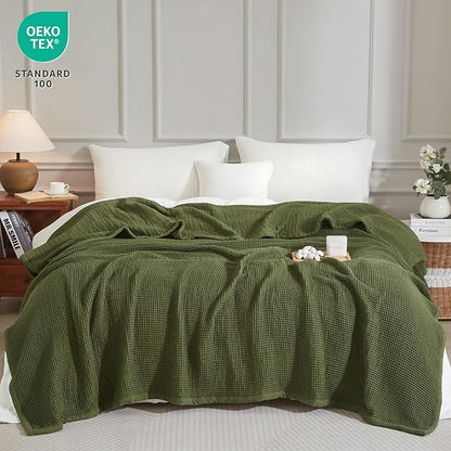 PHF 100% Cotton Waffle & Muslin Blanket Queen Size, Soft Breathable Luxury 400GSM Versatile Reversible Bedding for Bed, Great for Layering in Cold Weather, Home Decor Gift, 90" x 90", Olive Green