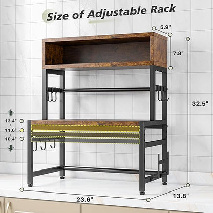EnHomee Microwave Stand, 4-Tier with 9 Hooks for Kitchen Countertop Organizer, 205LBS Microwave Shelf, Adjustable Kitchen Shelves Microwave Stand with Storage and Microwave Oven Rack (Brown)