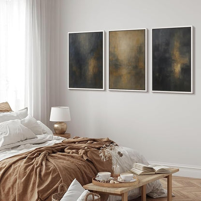 MUDECOR Framed Wall Art Print Set Dark Abstract Modern Contemporary in Navy Blue and Gold Brushstrokes Illustrations Modern Art Decorative Colorful for Living Room, Bedroom, Office - 16"x24"x3 White
