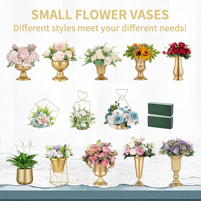 Nuptio Gold Vases for Centerpieces Wedding - 2 Pcs 6.5in Height Metal Urn Planter for Tables - Trumpet Vase for Party Decoration