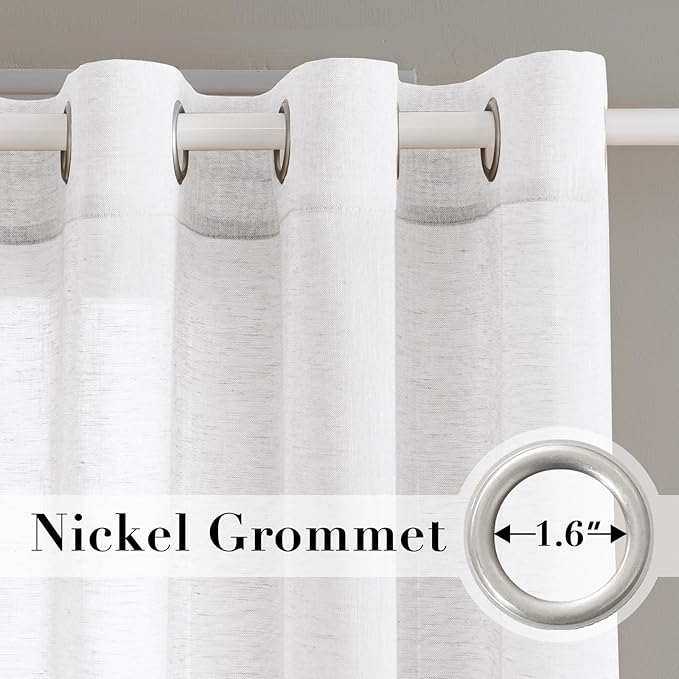 H.VERSAILTEX White Natural Linen Curtain Panels Energy Efficient Semi - Sheers Linen Curtains/Nickel Grommet Window Treatments Panels/Drapes (Set of 2, 52 by 96 Inch, Pure White)