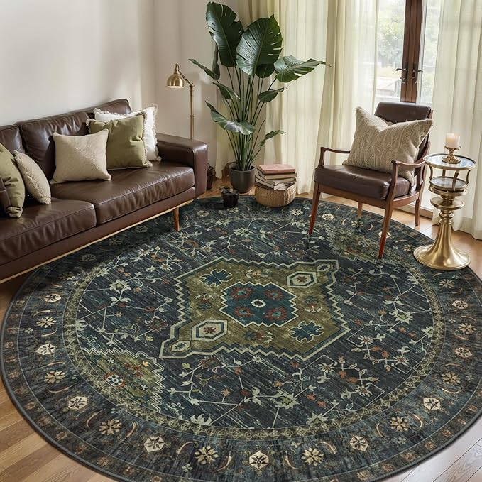 Tangsoo Green Round Rugs 5ft, Washable Circle Rug, Non Slip Boho Round Area Rug, Vintage Low Pile Circular Rugs, Round Carpet for Bedroom Living Room Nursery Dorm Office Olive Green