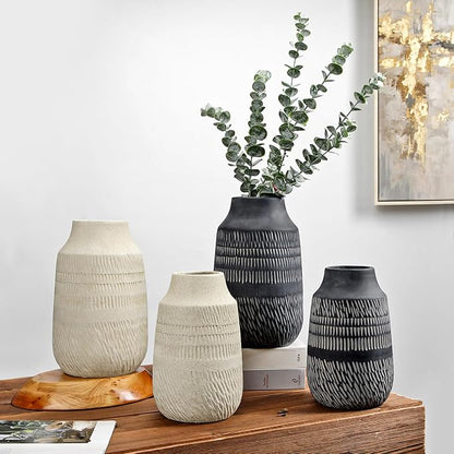 11" Rustic Farmhouse Vase with Linear Stripe, Antique Ceramic Vase Handmade in Pottery, Decorative Vintage Style for Home, Living Room, Shelf & Entryway Decor, Dark Gray