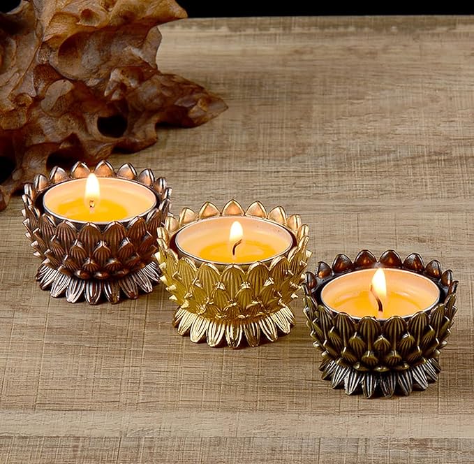Lotus Flower Votive Tealight Candle Holder,Copper Buddhist Candlestick Holder,Tibetan Buddhist Water Offering Cup,Oil Lamp Holder for Meditation Buddha Altar with 4PCS Floating Canldes (Red)
