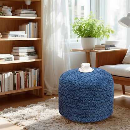 Unstuffed Ottoman Pouf Cover – Round Faux Fur Footstool Plush Floor Pouf (No Filler Included) Perfect for Living Room, Bedroom, or Office Lounge (Navy Blue, 26x26x18 in)