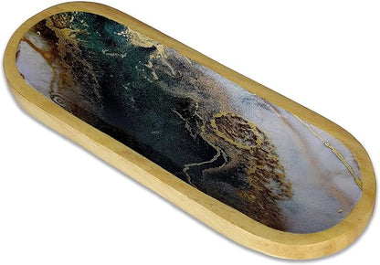 Bless-International Traditional-Handmade-Tray-Burner Wooden-Trat-Incense-Stick-Holder Ash-Catcher-Stand for-Aromatherapy-Meditation-Yoga (Green White Agate, 11x4x1.22 Inches)