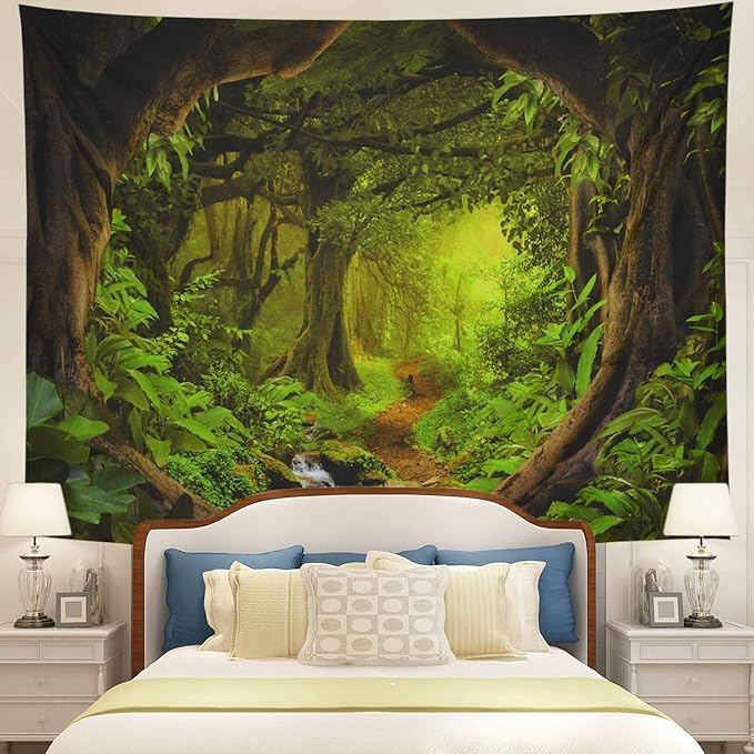 Tushelia Forest TreeTapestry Tree of Life Tapestries Nature Landscape Wall Decor Stream Through Rainforest Tapestry Wall Hanging for Living Room