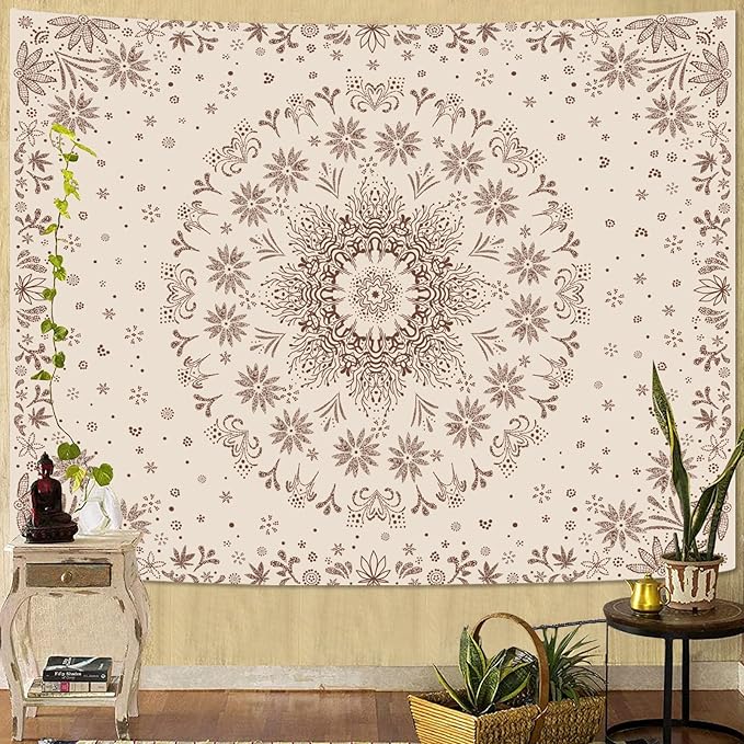 Fowocu Boho Floral Mandala Tapestry Wall Hanging Bohemian Flower Medallion Tapestry Aesthetic Beige Brown Hippie Indian Small Tapestries for Bedroom Living Room Dorm Decor 80 x 60 Inch
