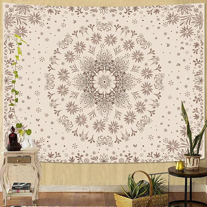 Fowocu Boho Floral Mandala Tapestry Wall Hanging Bohemian Flower Medallion Tapestry Aesthetic Beige Brown Hippie Indian Small Tapestries for Bedroom Living Room Dorm Decor 90 x 68 Inch
