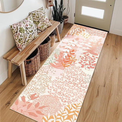 DEXDE Runner Rug 2x6, Washable Hallway Boho Soft Area Rugs Abstract Long Non Slip Botanical Leaves Floral Print Carpet for Entryway Kitchen Laundry Bedroom,Pink