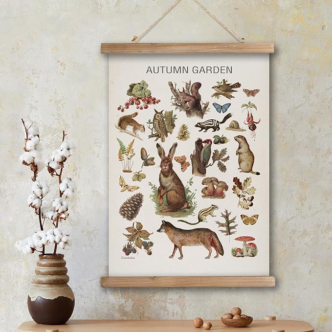 XIAOAIKA Autumn Garden Wildlife Poster - Vintage Illustrated Seasonal Fauna and Flora Chart with Wooden Frame - Educational Wall Art for Home, Classroom, or Nature Enthusiast 20 x 30 Inches