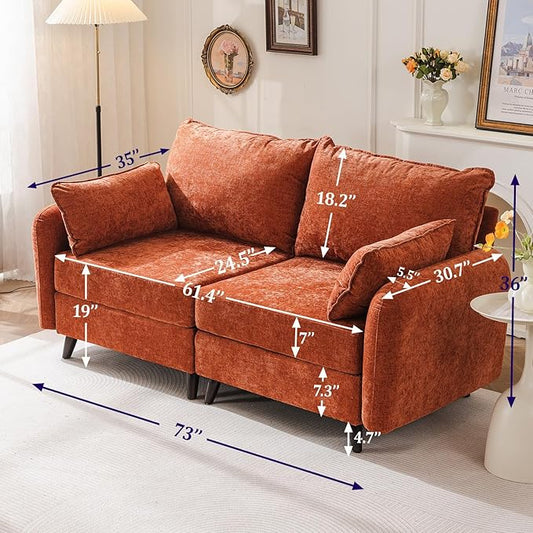 73'' Loveseat Sofa with Seats Storage, Modular Sectional Sofa with Deep Seat,Oversized Comfy Love Seat with 7.8'' Cushion,Couch for Living Room,Bedroom,Chenille,Orange