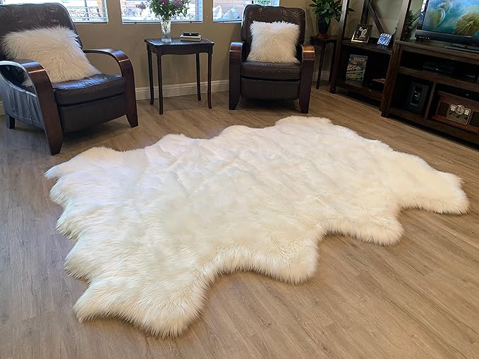 LAMBZY Faux Sheepskin Super Soft Hypoallergenic Silky Shag Rug for Living Room, Kids Room, Sofa (Octo 8 Pelts 6'x8', White)
