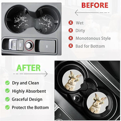 Easter Bunny Car Cup Holder Coaster,Cute Animal Rabbit Car Coasters for Cup Holder,2 PCS Absorbent Insert Ceramic Car Assecories with Cork Back & Finger Notch for Women Men