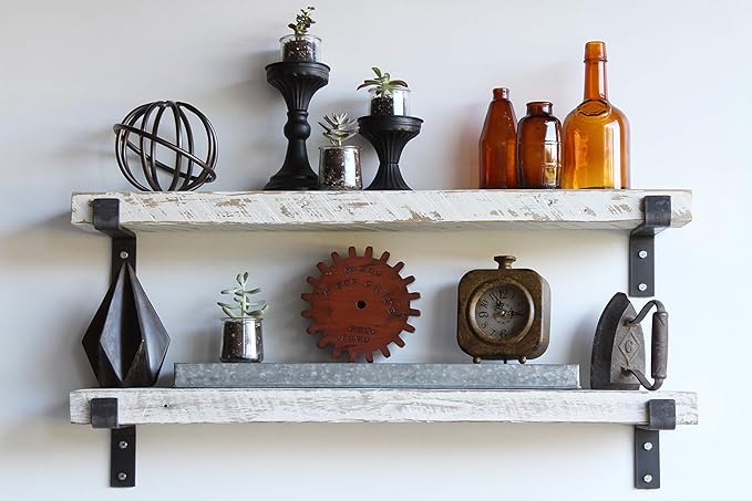 Urban Legacy Accent Shelves | Reclaimed Barn Plank | Set of 2 with Full Brackets (White Wash 40" x 7" x 2")