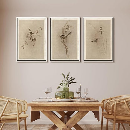 MUDECOR Framed Wall Art Print Set Vintage Bird Wheat Ear Illustrations Modern Art Boho Decorative Colorful Chic for Living Room, Bedroom, Office - 16"x24"x3 White