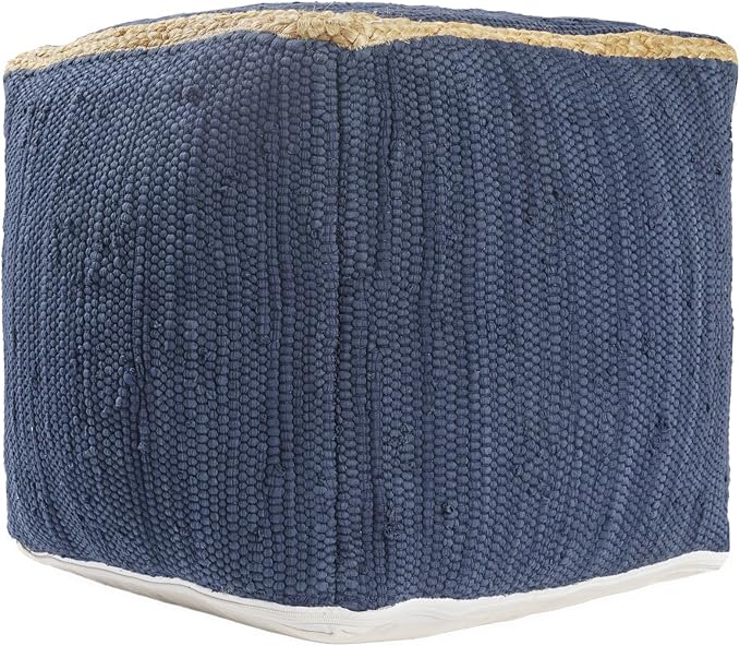 LR Home Indigo Bordered Transitional Hand-Loomed Cotton Pouf with Jute Braid for Home Decor | Farmhouse Cube Foot Rest for Bedroom & Living Room Decor | 18 x 18 x 18 Stuffed Ottoman for Seating