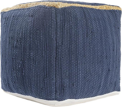 LR Home Indigo Bordered Transitional Hand-Loomed Cotton Pouf with Jute Braid for Home Decor | Farmhouse Cube Foot Rest for Bedroom & Living Room Decor | 18 x 18 x 18 Stuffed Ottoman for Seating