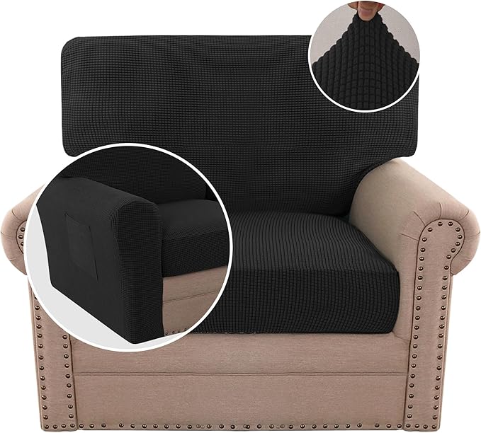 H.VERSAILTEX Multi-Pieces Chair Covers Stretch Couch Covers Form Fitted Seat and Back Cushions Covers (1 Seat Cover Plus 1 Back Cusion Cover, Bonus 2 Armrest Covers), Black