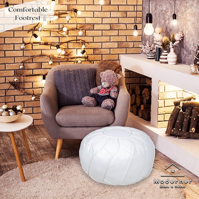 Moderner Faux Leather Pouf Unstuffed Ottoman Moroccan Footstool, Floor Footrest Cushion, Storage Solution - Natural Brown Color (White, Round)