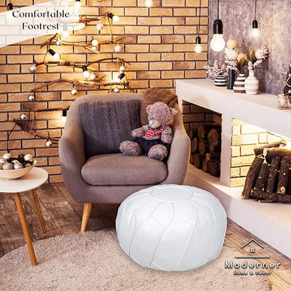 Moderner Faux Leather Pouf Unstuffed Ottoman Moroccan Footstool, Floor Footrest Cushion, Storage Solution - Natural Brown Color (White, Round)
